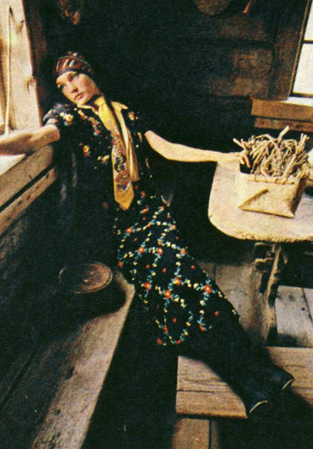 Femme fatale suit in embroidered black crepe - clinging skirt, waistcoat and jacket worn with bright yellow silk shirt by Ossie Clark