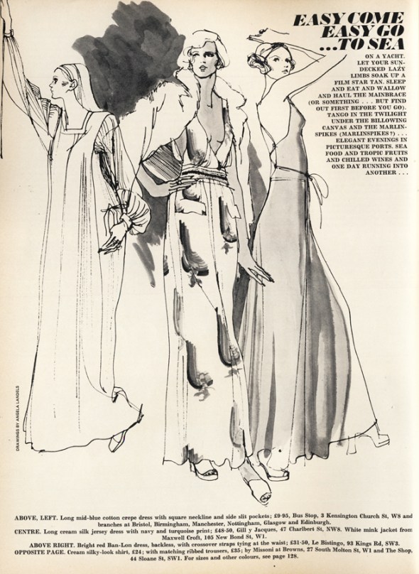 Left: Cotton crepe dress from Bus Stop, 3 Kensington Church St. / Centre: Silk jersey dress from Gill y Jacques, 47 Charlbert St, NW8 / Right: Ban-lon dress from Le Bistingo, 93 King's Road