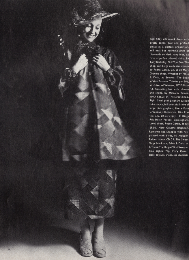 Smock and skirt by Tony Berkeley. Shoes by Pedro Garcia. Wristlet by Pablo & Delia. Hat by Malcolm Raines at The Sweet Shop.