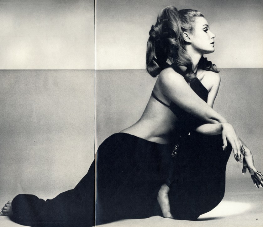 Diaphanous glistening crepe. Billowing Turkish trousers. Diamond-shaped minimal top with rhinestone pendant. 250 gns from Pucci.