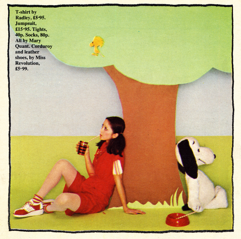 T-shirt by Radley. Jumpsuit, tights and socks all by Mary Quant. Shoes by Miss Revolution.