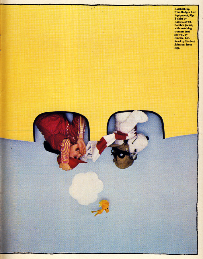 Baseball cap, from Badges and Equipment. T-shirt by Radley. Bomber jacket by Emesse. Scarf by Herbert Johnson.