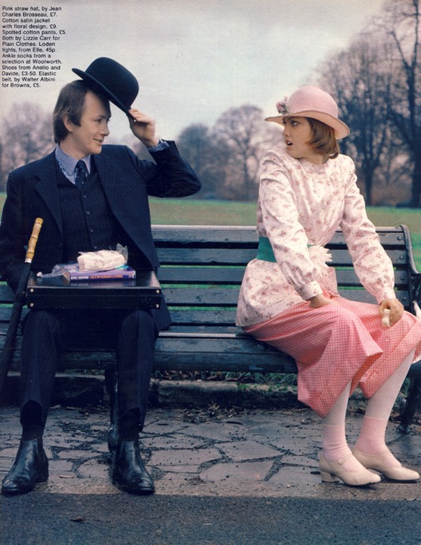 Pink straw hat by Jean Charles Brosseau. Cotton satin jacket with floral design and spotted cotton pants both by Lizzie Carr for Plain Clothes. Shoes from Anello and Davide.