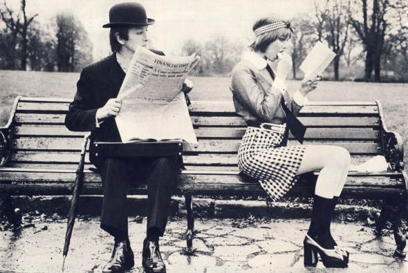 Black cotton voile shirt by David Silverman. Black and white cotton culottes by Angela at London Town. Blue leather peep-toe shoes trimmed in white by Bata.