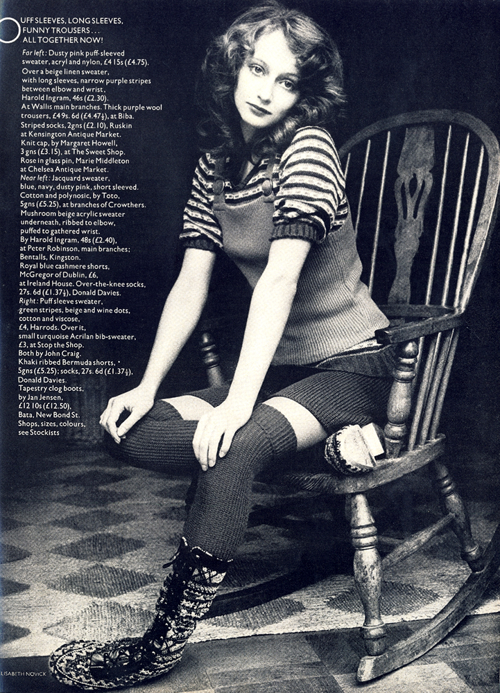 Puff sleeve sweater from Harrods. Small turquoise Acrilan bib sweater at Stop the Shop. Both by John Craig. Khaki ribbed bermuda shorts by Donald Davies. Tapestry clog boots by Jan Jensen.