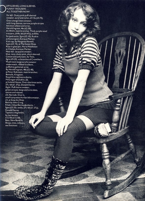 Puff sleeve sweater from Harrods. Small turquoise Acrilan bib sweater at Stop the Shop. Both by John Craig. Khaki ribbed bermuda shorts by Donald Davies. Tapestry clog boots by Jan Jensen.