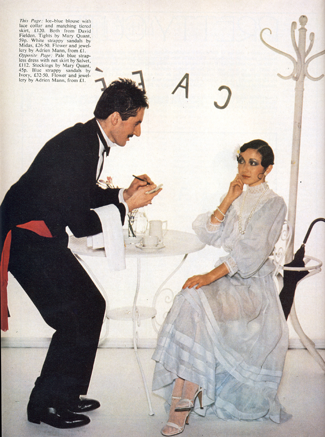 Ice blue blouse and matching skirt by David Fielden. Sandals by Midas. 