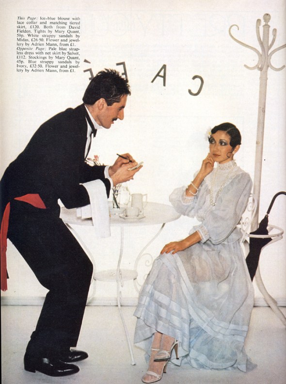 Ice blue blouse and matching skirt by David Fielden. Sandals by Midas. 