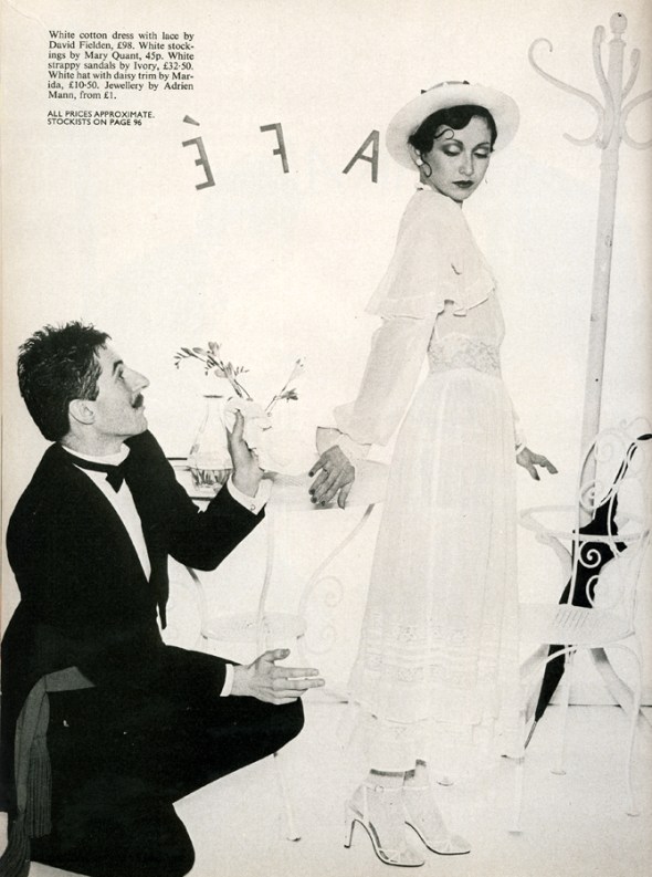 White cotton dress with lace by David Fielden. Hat by Marida. Sandals by Ivory.