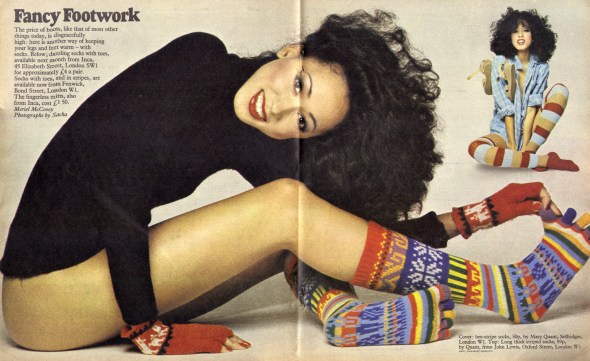 Dazzling sock with toes from Inca, 45 Elizabeth Street, London SW1 for approximately £4 a pair ... The fingerless mitts, also from Inca, cost £1.50