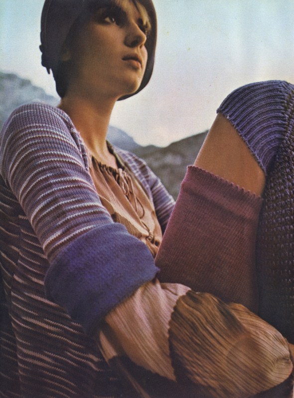 Cotton knit jacket and pink gauchos by Rosalind Yehuda. Feather print blouse by Jeff Banks. Felt cloche at Biba. Over the knee socks by Mary Quant.