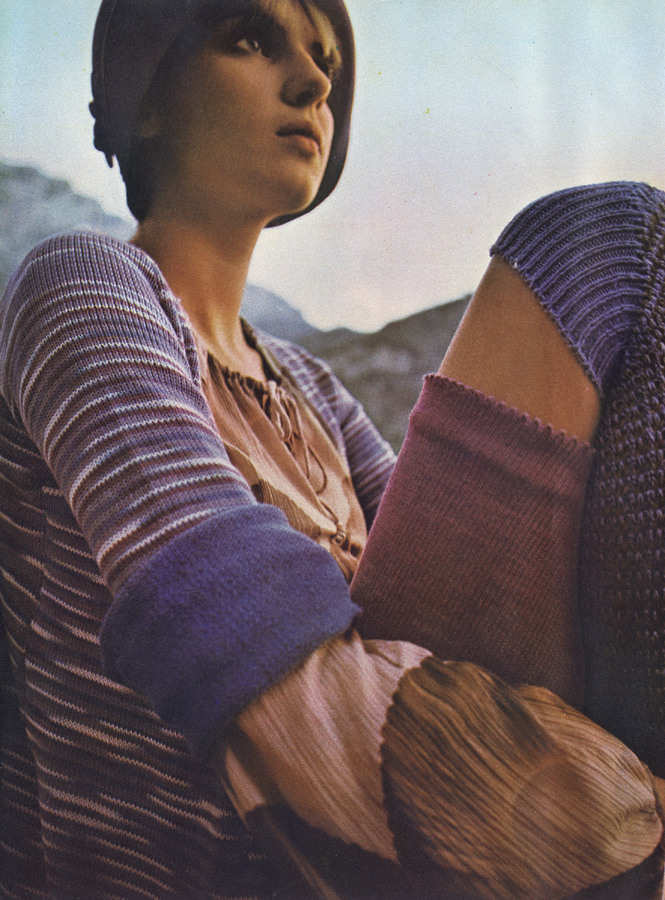 Cotton knit jacket and pink gauchos by Rosalind Yehuda. Feather print blouse by Jeff Banks. Felt cloche at Biba. Over the knee socks by Mary Quant.