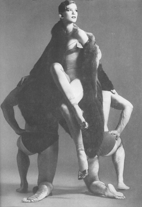 Coat from Konrad. Skintight pink trousers and matching top by Betsey Johnson from Howie, 138 Long Acre. Metallic blue sandals by Walter Steiger.