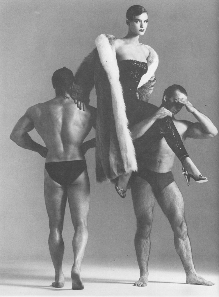 Coat from National Fur Company. Strapless sequined top with skintight trousers from Ace. Black suede belt by Maxfield Parris. Black leather sandals by Manolo Blahnik,