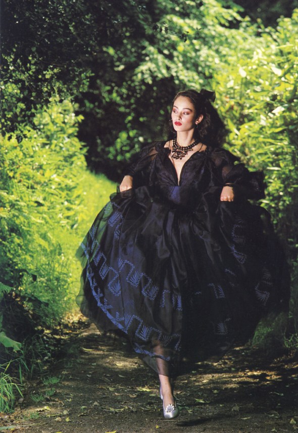 Black silk organza hand printed with black design with matching full wrap around skirt over a grey crinline petticoat to order from Zandra Rhodes