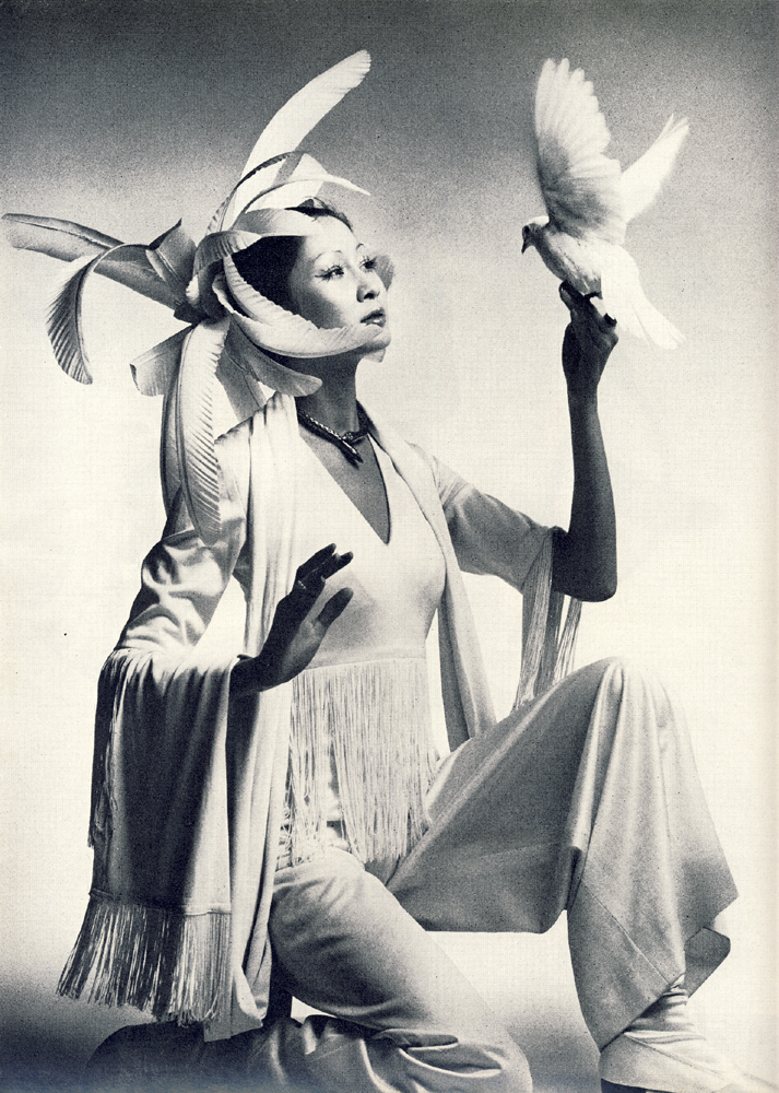 Fringed jumpsuit by Janice Wainwright for Simon Massey, 9½ gns. Silk scarf with fringes from Fulham Road Clothes Shop, £3.