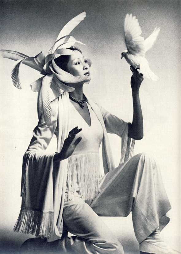 Fringed jumpsuit by Janice Wainwright for Simon Massey, 9½ gns. Silk scarf with fringes from Fulham Road Clothes Shop, £3.