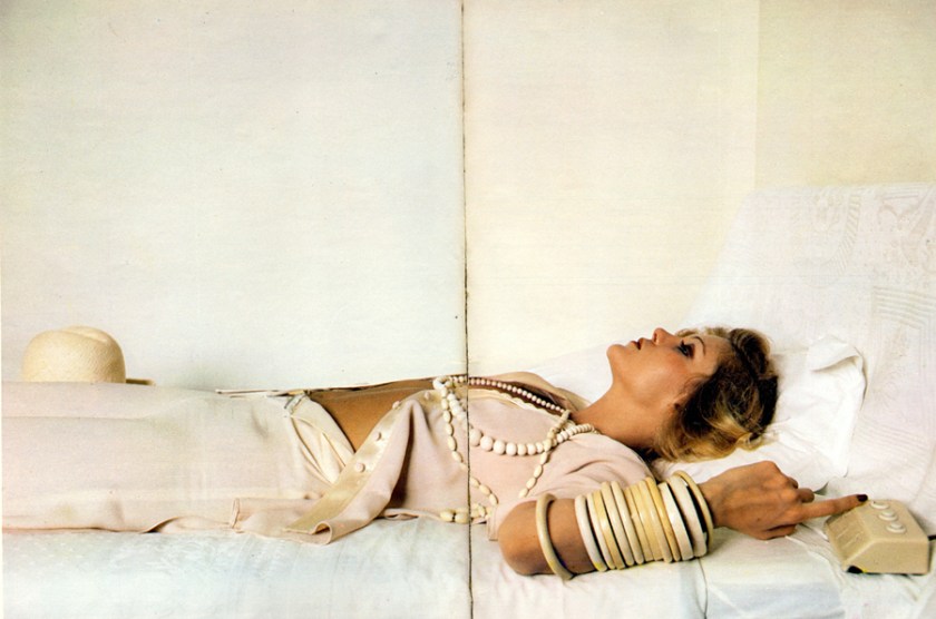 Crêpe and satin jacket top by Marie France for Quorum. Flared crêpe trousers by Alice Pollock for Quorum. 