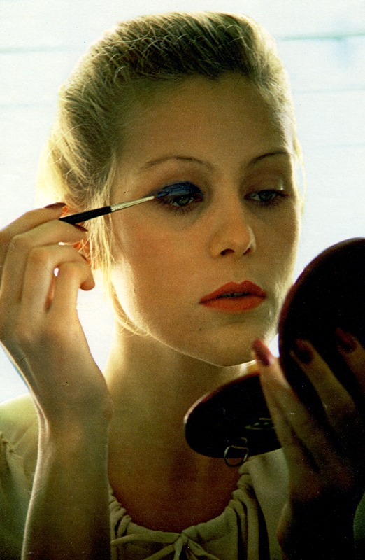 Drawstring neck top (part of a flared Pajama suit) by Ossie Clark for Radley. Compact mirror from Biba.