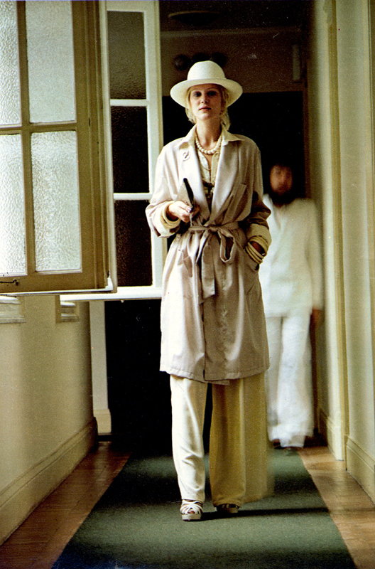 Dressing gown from Austin Reed. Silk blouse and baggy pants by Katherine Hamnett for Tuttabankem. Cobweb shoes at Chelsea Cobbler.