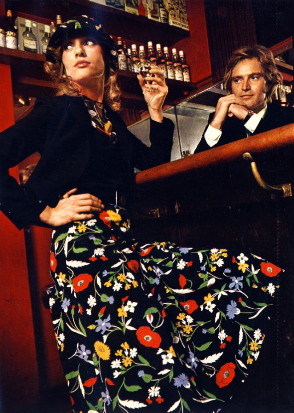 Sortie à Paris: Silk chiffon blouse and crepe de chine skirt in the same print, silk jersey vest and wool jacket, all by Chloe.