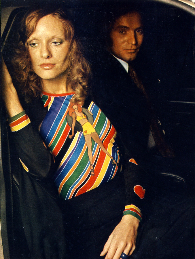 Vernissage avant-garde: Silk jersey sweater with stripes and pop print, satin and wool jacket and knee length skirt, all by Chloe