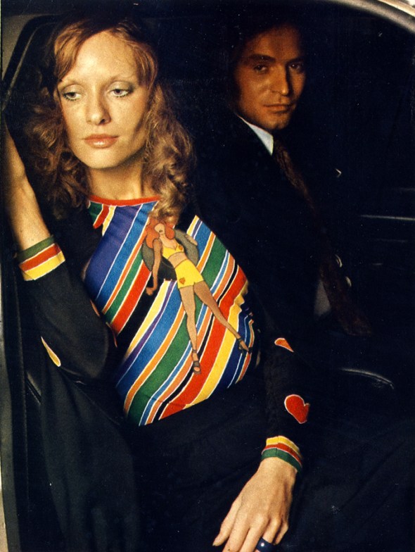 Vernissage avant-garde: Silk jersey sweater with stripes and pop print, satin and wool jacket and knee length skirt, all by Chloe