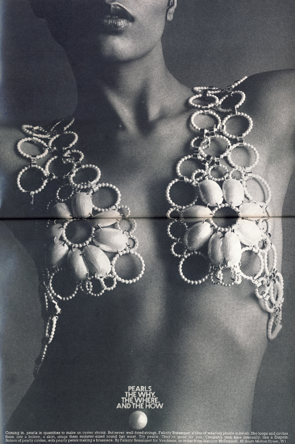Bolero of pearly circles, with pearly petals making a brassiere. By Felicity Bosanquet for Vendome, to order from Marian McDonnell, 45 South Molton Street, W1