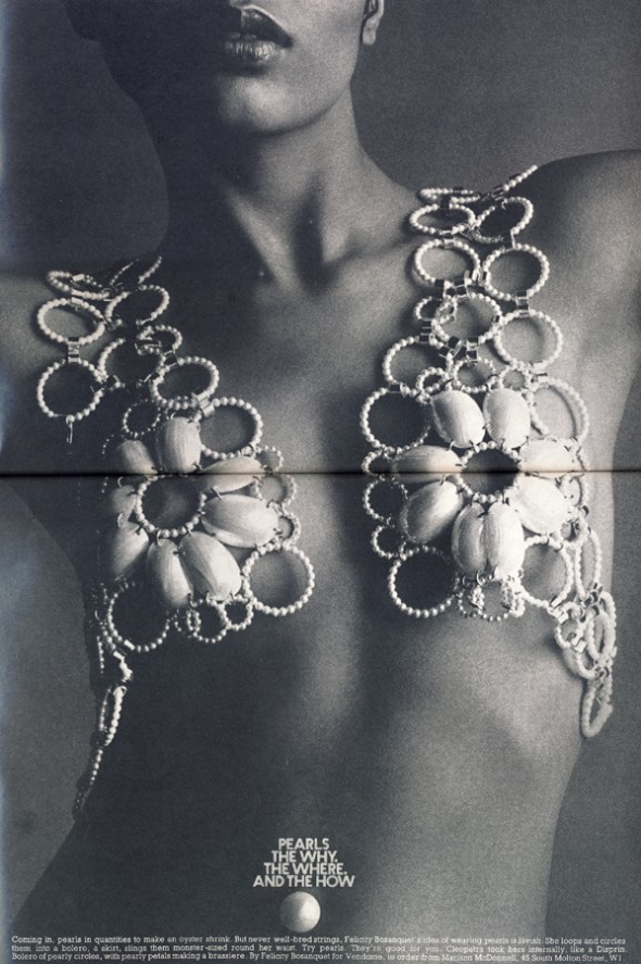 Bolero of pearly circles, with pearly petals making a brassiere. By Felicity Bosanquet for Vendome, to order from Marian McDonnell, 45 South Molton Street, W1