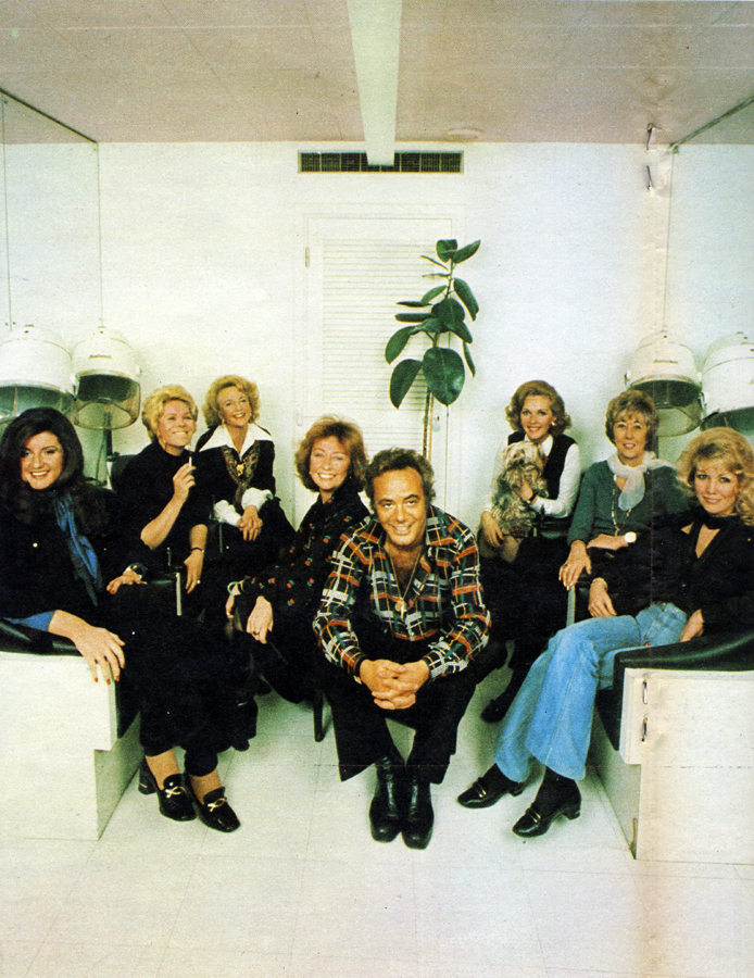 At the Cadogan Club: (from left to right) Ariana Stassinopolos, Rachel Roberts, Moira Lister, Patricia Millbourn and Aldo Bigozzi (partners), Katie Boyle, Joan Benham and Annette Andre. 