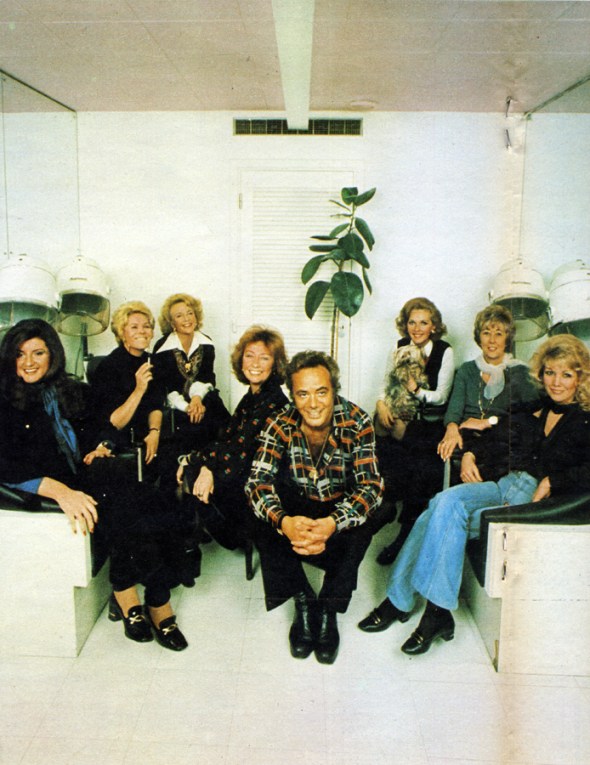 At the Cadogan Club: (from left to right) Ariana Stassinopolos, Rachel Roberts, Moira Lister, Patricia Millbourn and Aldo Bigozzi (partners), Katie Boyle, Joan Benham and Annette Andre. 