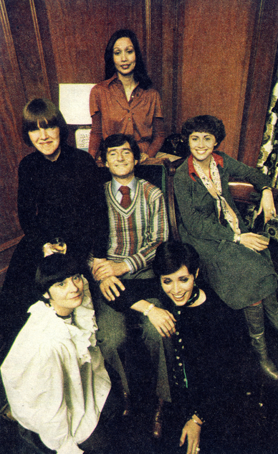 At Vidal Sassoon: Lady Russell (back), Mary Quant, Vidal Sassoon and Kate Nelligan (centre). Shirley (Mrs Ken) Russell, Beverly Sassoon. 