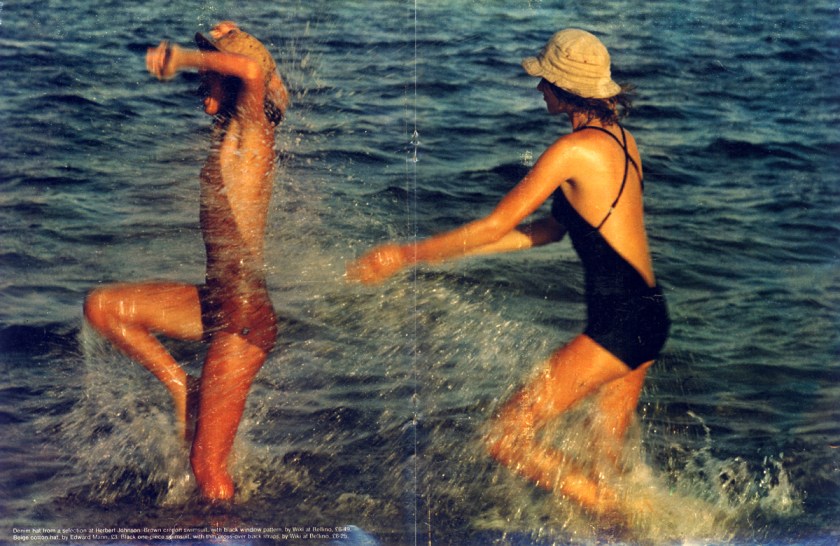 Swimsuits by Wiki at Bellino. Denim hat at Herbert Johnson. Beige coton hat by Edward Mann.