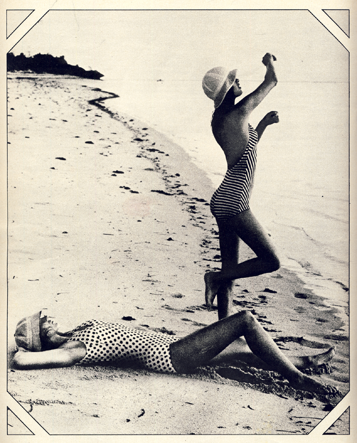 Swimsuits from Dorothy Perkins. White hat by Edward Mann. Sailing hat from Herbert Johnson.