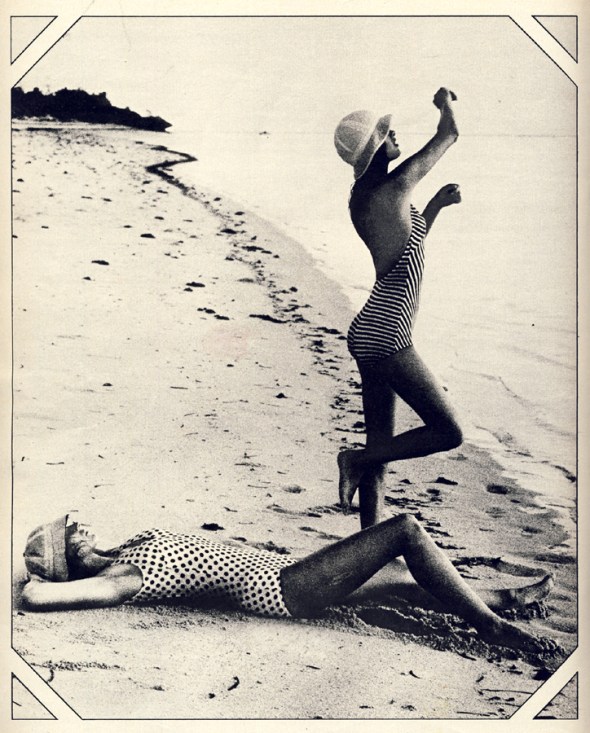 Swimsuits from Dorothy Perkins. White hat by Edward Mann. Sailing hat from Herbert Johnson.