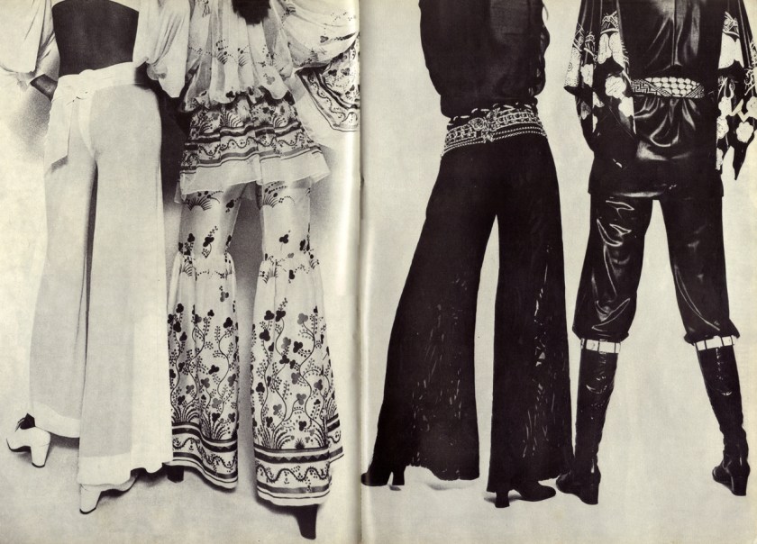 Left to right: White crepe bolero and trousers by Gina Fratini. White shoes by Kurt Geiger / Satin trousers and matching chiffon top in print by Celia Birtwell, both by Ossie Clark at Quorum. Red leather shoes by Chrystal of Copenhagen. / Black silk organza shirt and trousers in Bianchini's black silk organza flocked with velvet, both from Thea Porter. Cord belt from Piero de Monzi. Wide jewelled belt and double chain and green stone belt from Ken Lane. Black satin shoes by Kirt Geiger. / Black cire trouser suit from The Fulham Road Clothes Shop. Black letaher boots by Thea Chelsea Cobbler. Black and cream silk scarf from Thea Porter