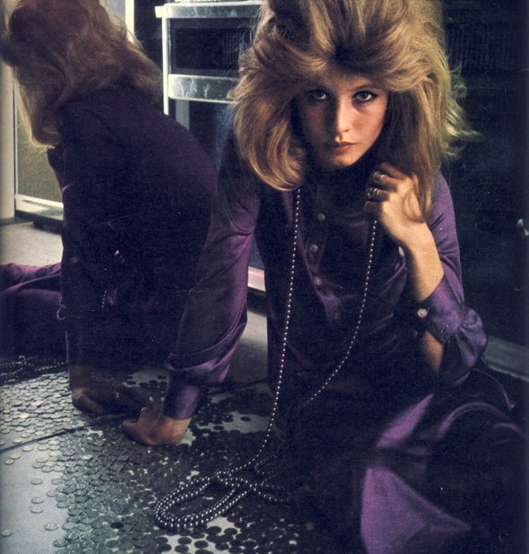 Purple tricel jersey shirtdress shimmying to ankle length by Clobber. Smoky grey pearl rope, 10 feet long, from Paris House.