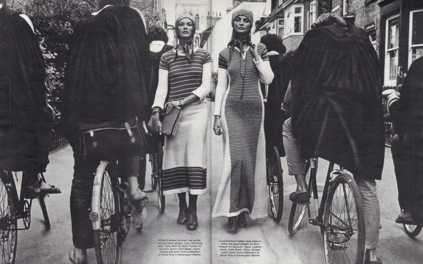 Both knitted outfits by Alice Pollock for Quorum. Boots by Ravel. Scarves by Rosie Nice at Kensington Market.