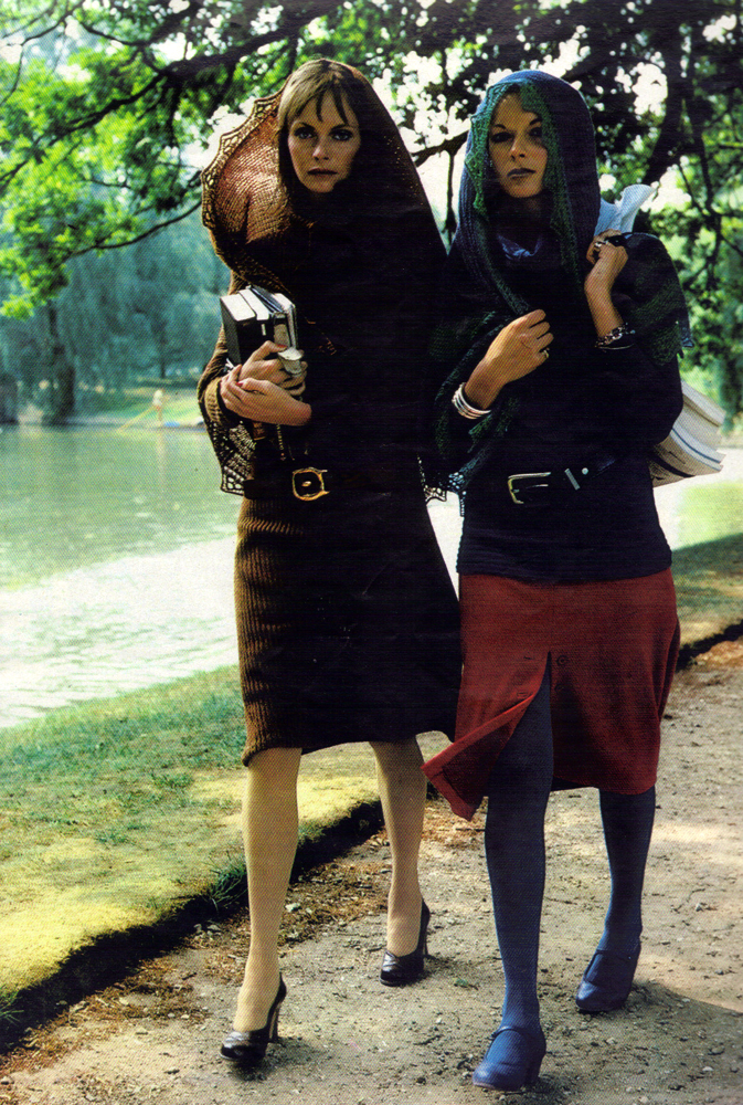 Left: Dress by Gillian Richard. Hand-knitted Shetland wool shawl by Foale and Tuffin. Shoes by Ravel. Right: Petrol blue jumper from C&A. Rust jersey skirt by Mary Quant's Ginger Group. Blue lace shawn by Foale and Tuffin. Shoes by Anello and Davide.