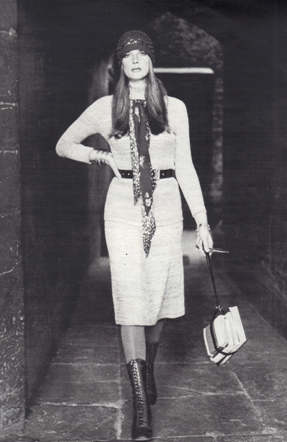 Royal blue crochet hat found at a jumble sale. Blue and white flecked pullover and matching skirt by Erica Budd. Boots from Ravel.