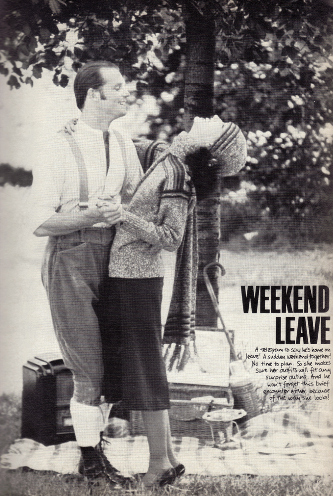 She: Hat, sweater and scarf all by Lionel Fisher. Skirt by Danielle Claire. Shoes by Mary Graeme. He: Cream and black pin stripe shirt by Nostalgia. Jodhpurs and boots from Badges and Equipment.
