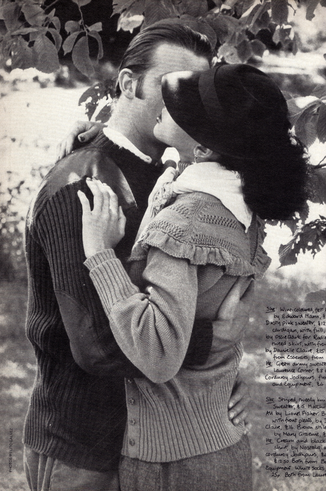 She: Felt hat by Edward Mann. Pink sweater and matching cardigan by Ossie Clark for Radley. Skirt by Danielle Claire. Scarf from Essenses. He: Army sweater from Laurence Corner. Cord jodhpurs from Badges and Equipment.