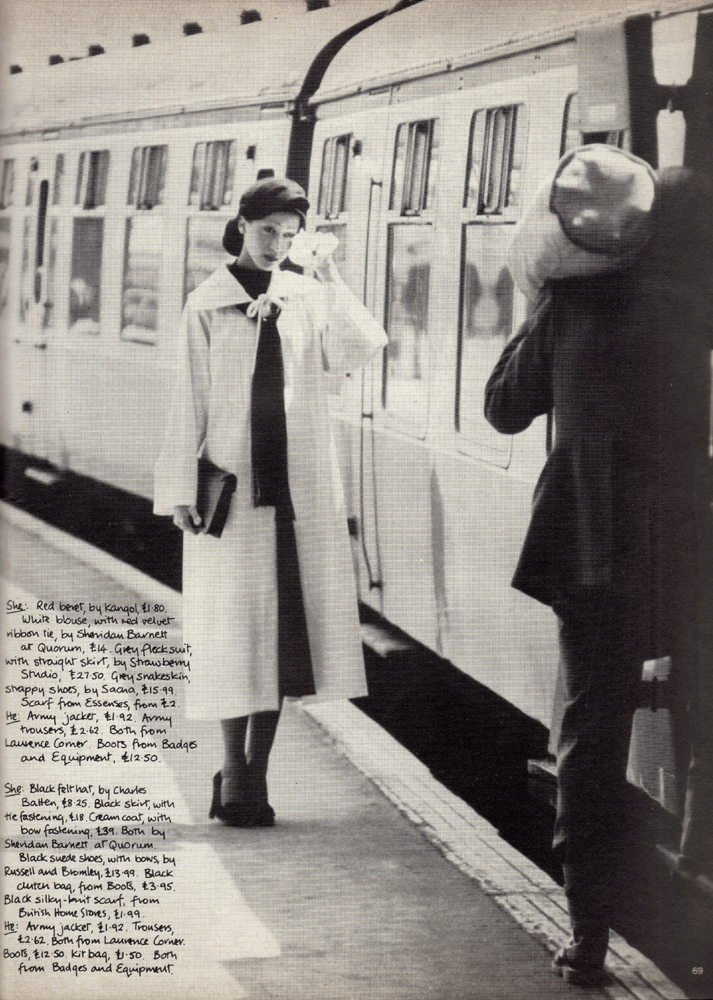 She: Black felt hat by Charles Batten. Black skirt and cream coat both by Sheridan Barnett at Quorum. Black suede shoes by Russell and Bromley. Clutch bag from Boots. Black scarfr from BHS. He: Army jacket and trousers from Laurence Corner. Boots and kit bag from Badges and Equipment