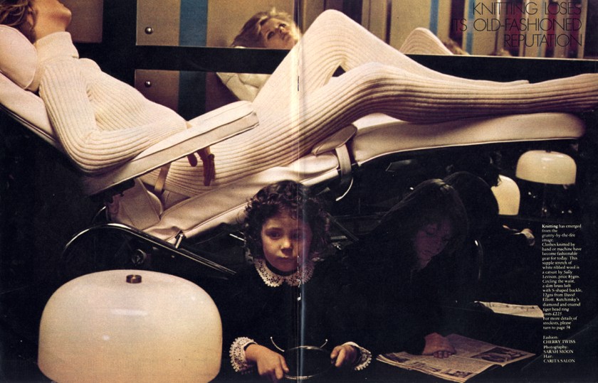 White ribbed catsuit by Sally Levison. Brass belt from David Elliott. Ring by Kutchinsky.