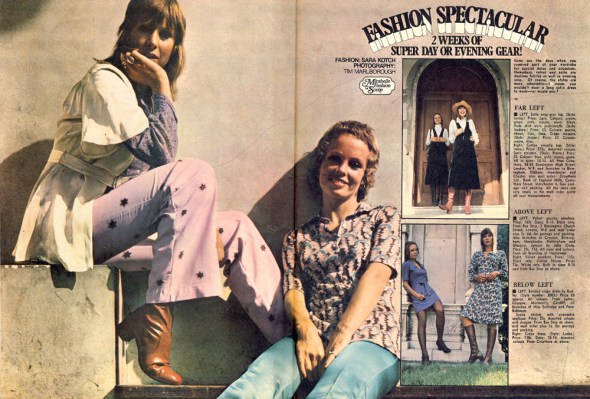 Left: Satin wrap top. Voile shirt worn underneath. Crepe trousers. Right: Cotton top. Satin trousers. All from Crowthers.