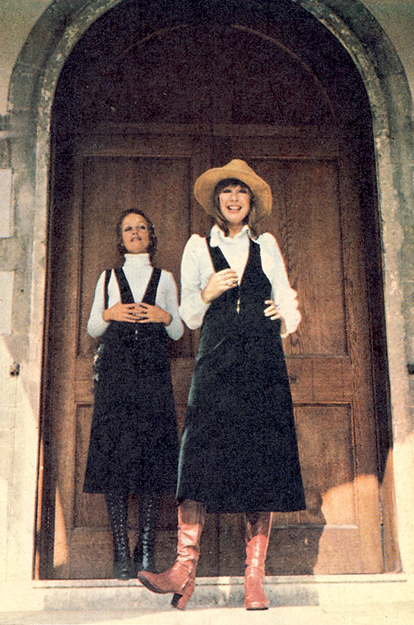 Left: Velvet gaucho pinafore from Bus Stop. Jumper by John Craig. Right: Velvet pinafore. White cotton blouse. Both by Bus Stop.