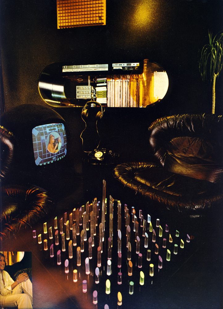 Yvonne and Alan Harmon's completely contemporay black flocked music rom, lying extraordinarily at the heart of a traditional antique furnished house. The designer, Royston Fulljames, used new American speakers, Bang & Olufsen turntable. There are push button black blinds and lights to glash on dim, a round Keracolour television, flocked black too, and three big, comfortable, black leather chairs from Harrods. The Perspex sculpture with flashing lights, by S.P. White, from Presents of Sloane St; it's all very much in tune.