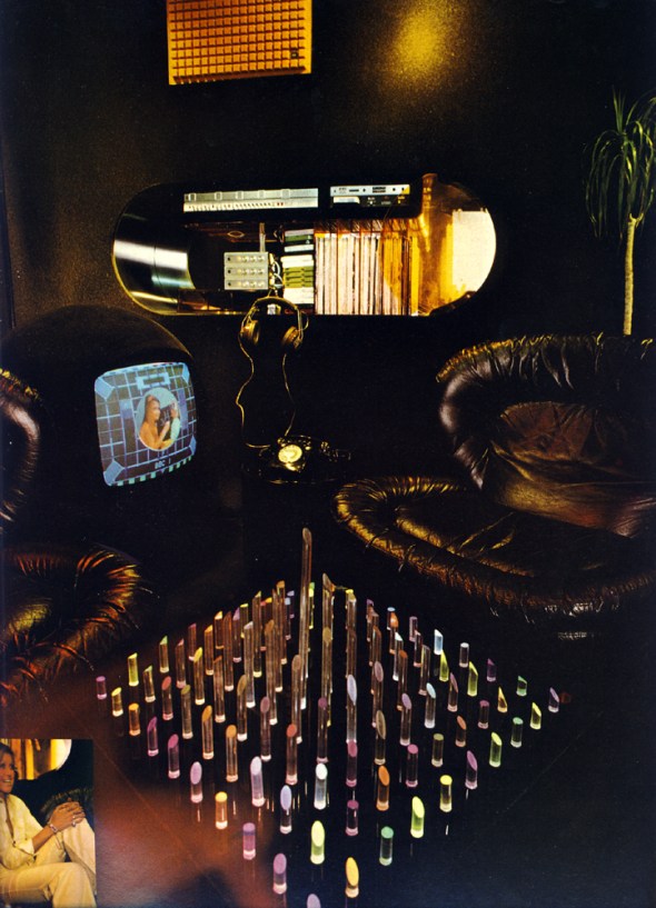 Yvonne and Alan Harmon's completely contemporay black flocked music rom, lying extraordinarily at the heart of a traditional antique furnished house. The designer, Royston Fulljames, used new American speakers, Bang & Olufsen turntable. There are push button black blinds and lights to glash on dim, a round Keracolour television, flocked black too, and three big, comfortable, black leather chairs from Harrods. The Perspex sculpture with flashing lights, by S.P. White, from Presents of Sloane St; it's all very much in tune.