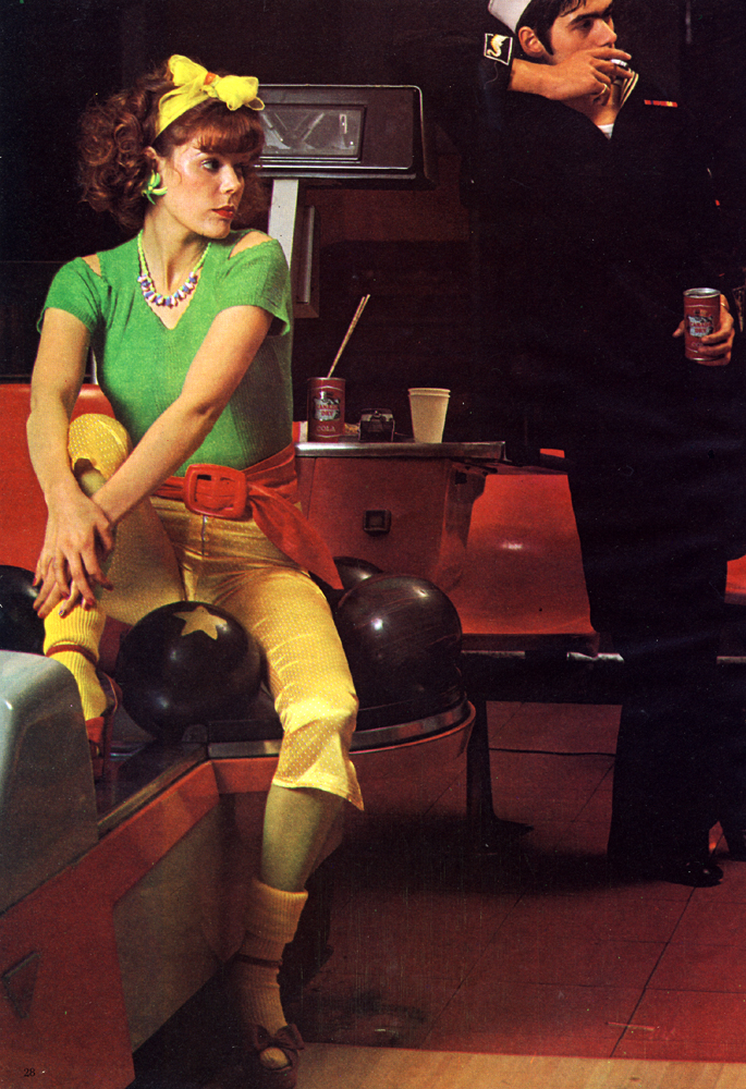 Short sleeved sewater by Beckol from Chelsea Girl. Satin pedal pushers by Gillian Richard. Red suede platform shoes by Chelsea Cobbler. Red leather belt from Bus Stop.