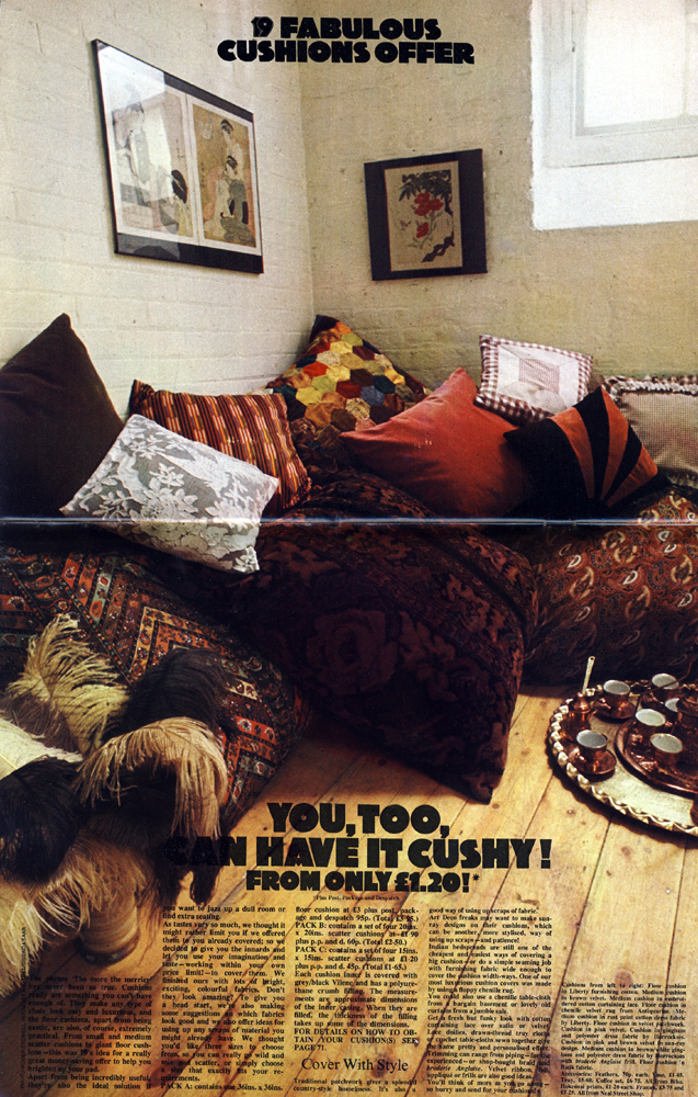 Cushion fabrics from Liberty, Antiquarius, Horrockses amongst others. Feathers, vase, coffee set and tray all from Biba. Hokensai prints and frames from Neal Street Shop.